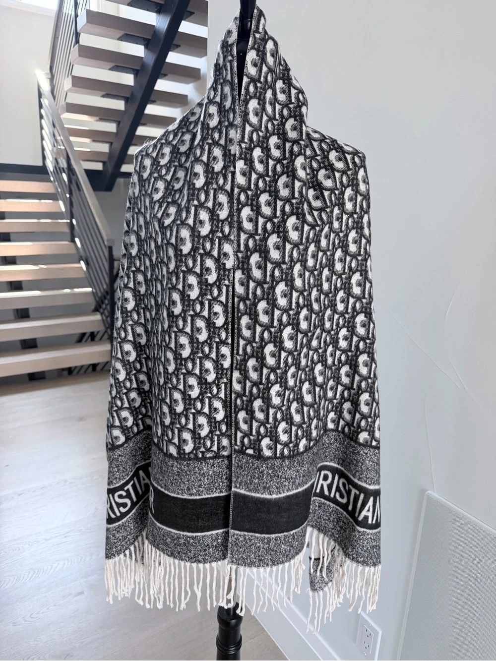 Dior Gray & White Logo Fringe Shawl